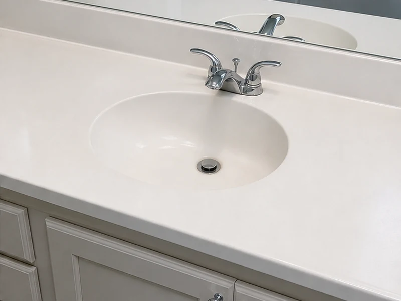 Cultured-marble vanity top after refinishing in a Rivermark rental unit, even neutral finish, Santa Clara