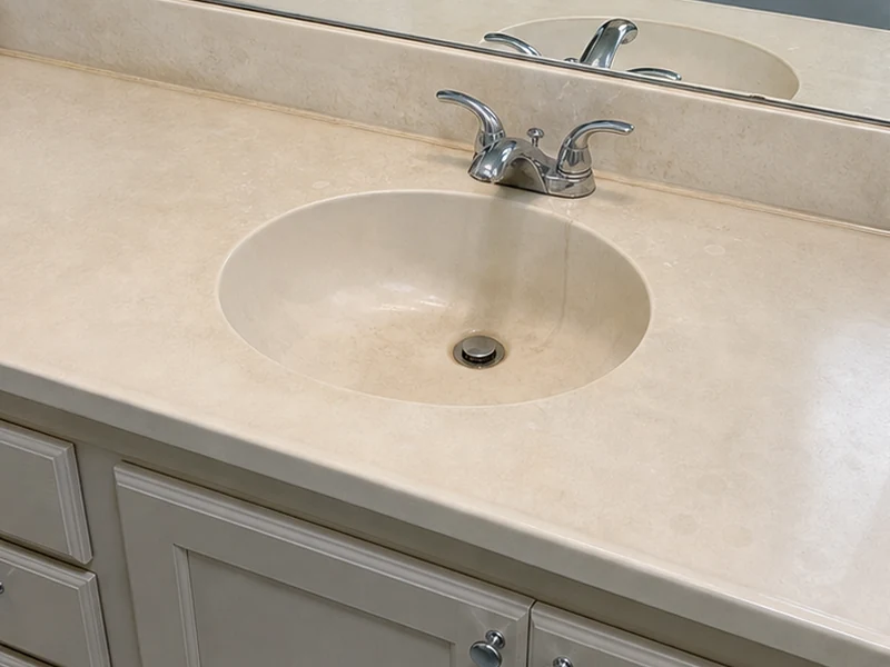 Yellowed etched cultured-marble vanity top in a Rivermark rental unit before refinishing, Santa Clara