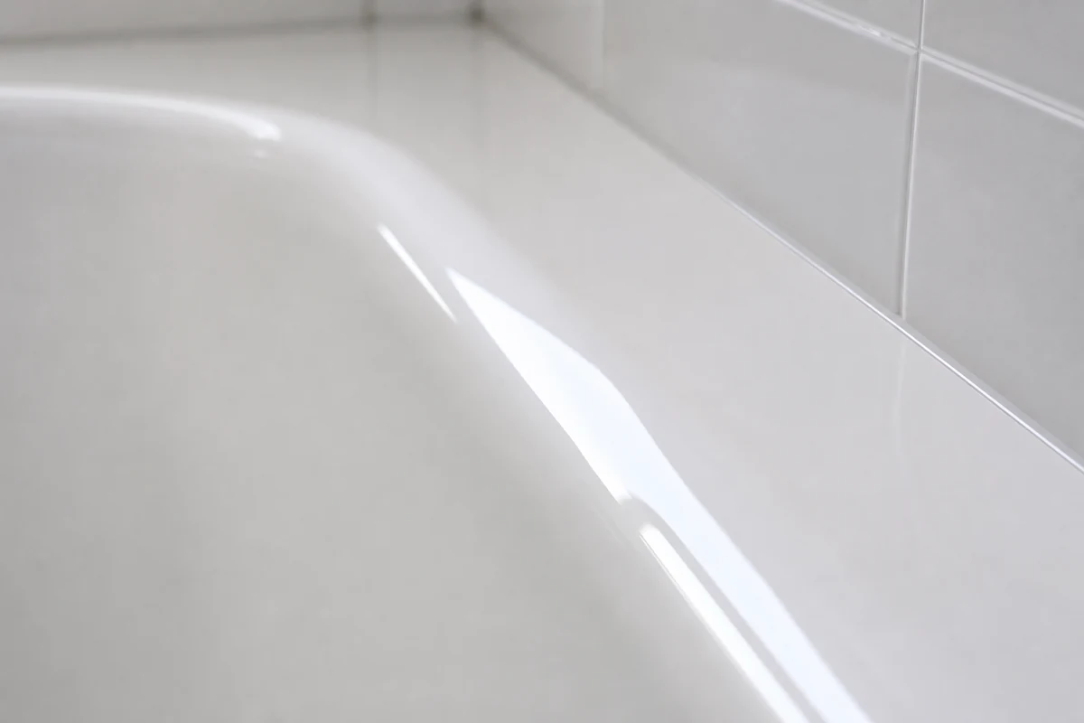 Close-up of a flawless mirror-smooth glossy white reglazed bathtub edge with a soft daylight reflection, Santa Clara