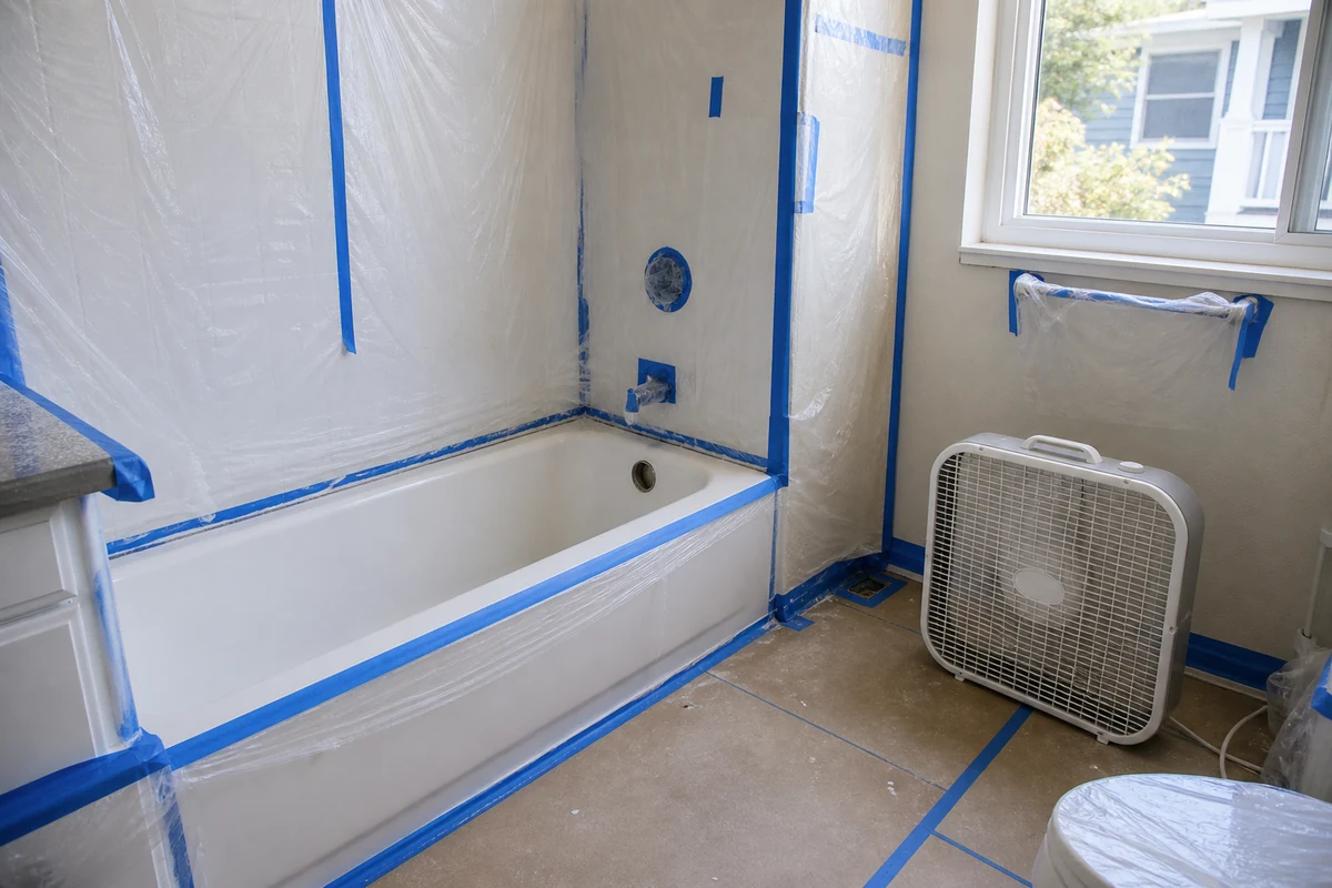 Bathroom masked with tape and plastic sheeting and a ventilation fan, ready for reglazing prep, Santa Clara