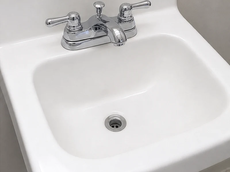 Porcelain bathroom sink after reglazing, even glossy white basin, Bowers home, Santa Clara