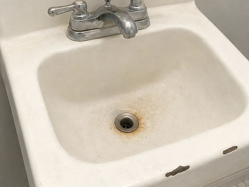 Chipped vintage porcelain sink with rust staining before reglazing, Bowers home, Santa Clara